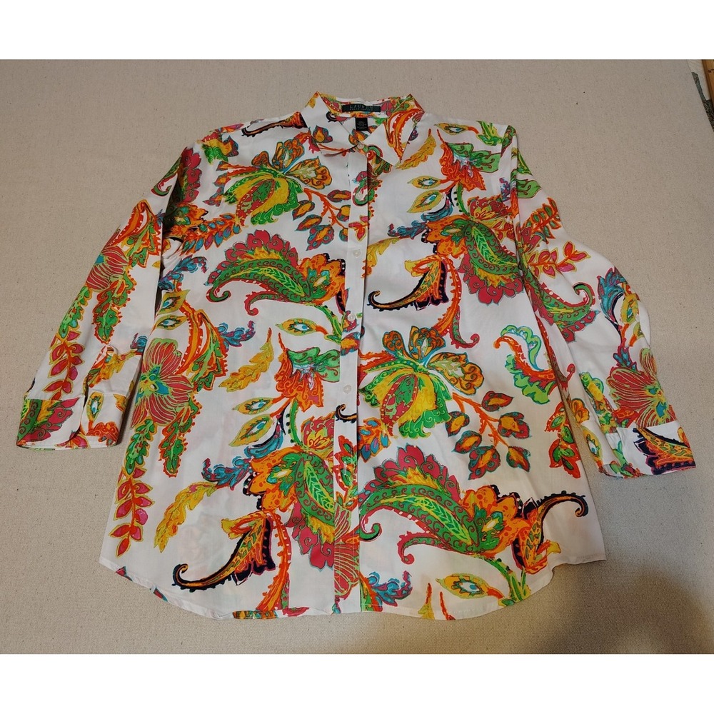 Lauren Ralph Lauren Paisley Print Button Down Shirt Long Sleeve Cotton Size L MM